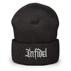 Dark Grey beanie with embroidered Infidel Script design, front view