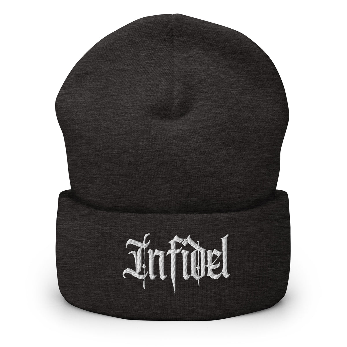 Dark Grey beanie with embroidered Infidel Script design, front view
