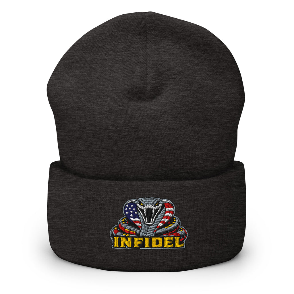 Dark Grey cuffed knit beanie with embroidered INFIDEL USA Flag Cobra front design, front view