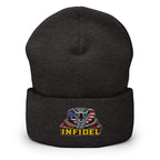 Dark Grey cuffed knit beanie with embroidered INFIDEL USA Flag Cobra front design, front view