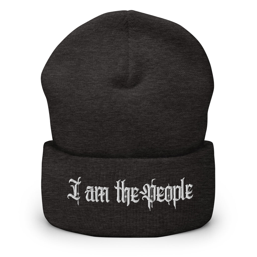 Dark Grey cuffed knit beanie with embroidered I Am the People front design, front view