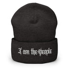 Dark Grey cuffed knit beanie with embroidered I Am the People front design, front view