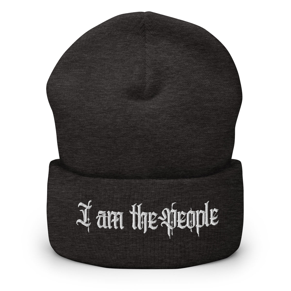 Dark Grey cuffed knit beanie with embroidered I Am the People front design, front view