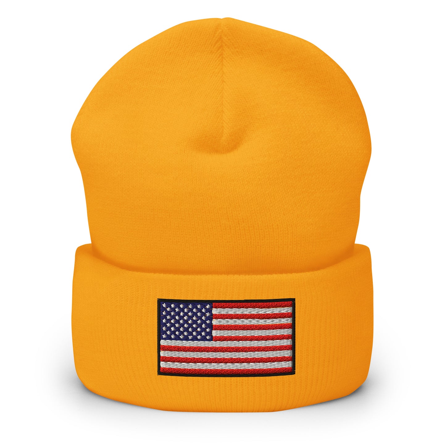 Patriotic Cuffed Beanie with the USA Flag (Old Glory) embroidered into the cuff of the beanie - available in 12 different colors - shown here in yellow.