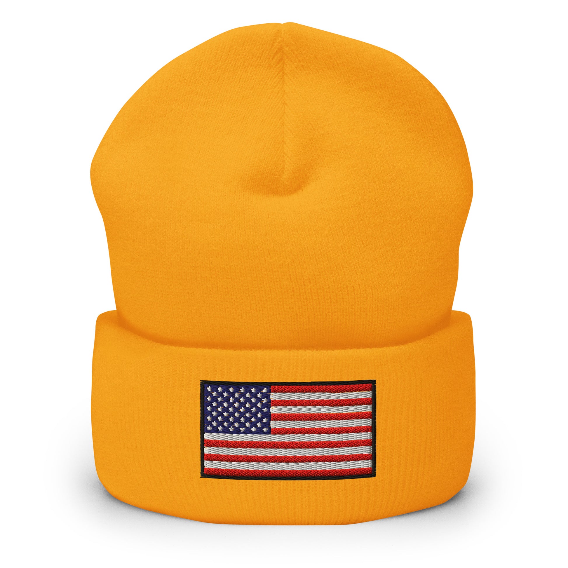 Patriotic Cuffed Beanie with the USA Flag (Old Glory) embroidered into the cuff of the beanie - available in 12 different colors - shown here in yellow.