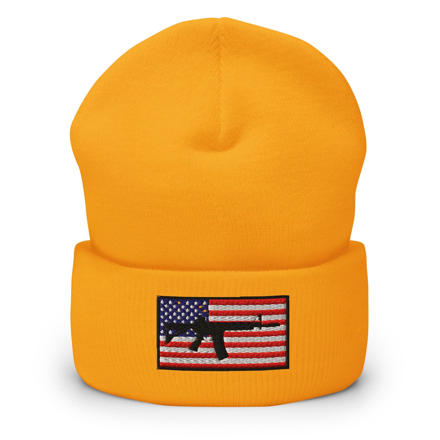 Patriotic AR-15 overlay on the USA Flag (Old Glory), embroidered on a Cuffed Beanie - available in 12 colors, shown here in yellow.