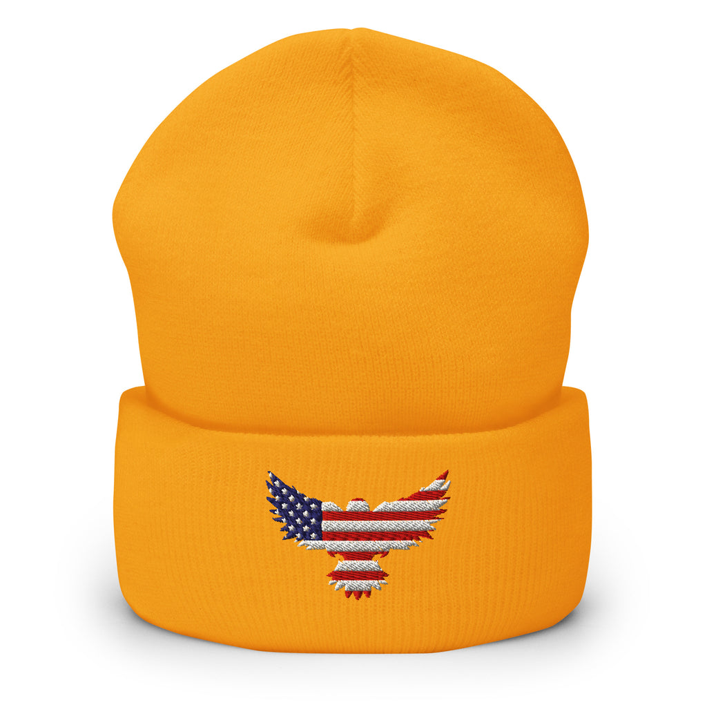Patriotic Cuffed Beanie with USA Flag (Old Glory) Eagle embroidered into the cuff of the beanie - available in 12 different colors - shown here in yellow.