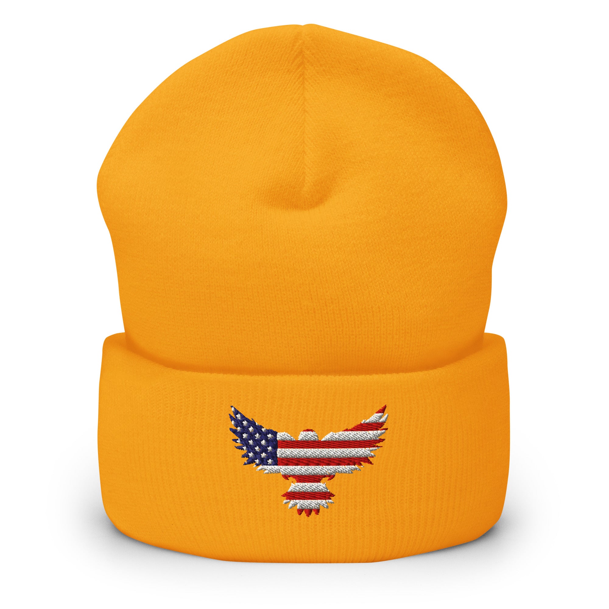 Patriotic Cuffed Beanie with USA Flag (Old Glory) Eagle embroidered into the cuff of the beanie - available in 12 different colors - shown here in yellow.