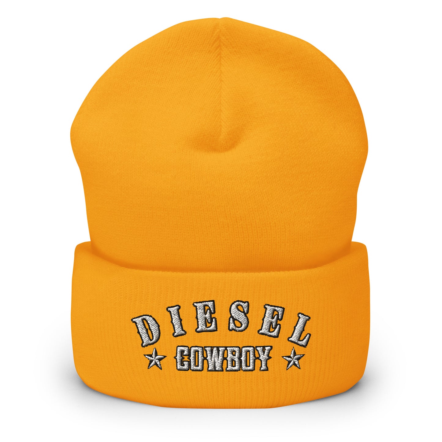 "Diesel Cowboy" embroidered into this cuffed beanie hat by Infidel Collective, available in 12 colors, shown here in yellow.