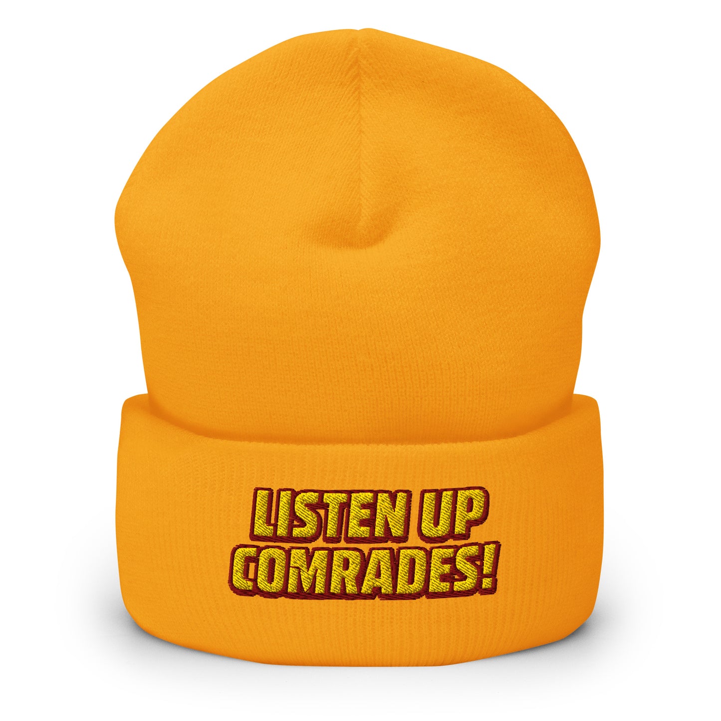 Yellow beanie with 'Listen Up Comrades!' text on a white background