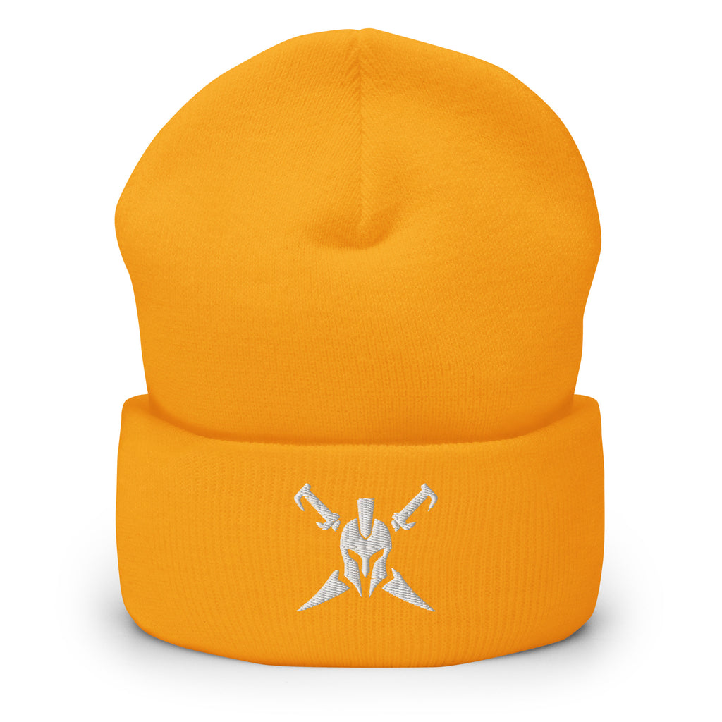 Gold, beanie, with embroidered Call to Arms, front view
