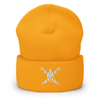 Gold, beanie, with embroidered Call to Arms, front view