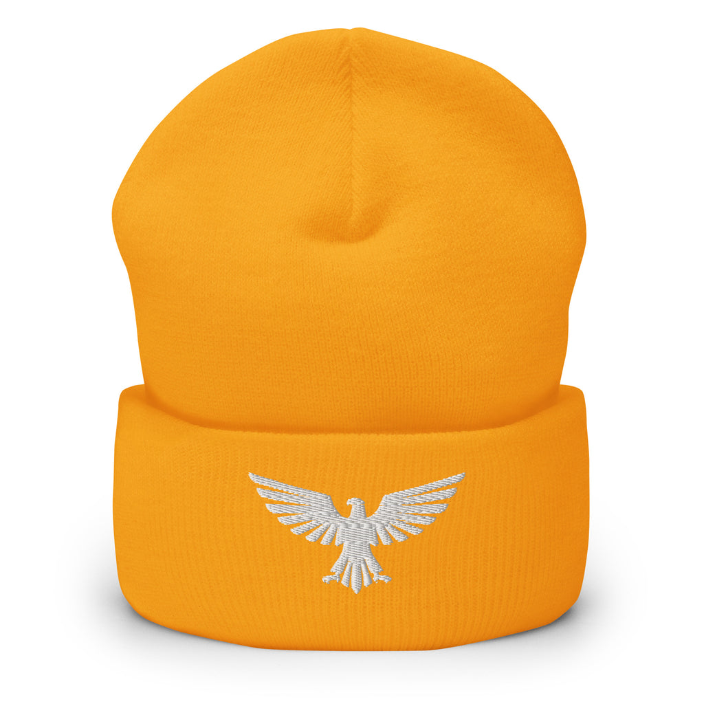 Gold, beanie, with embroidered patriotic eagle crest, front view