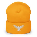 Gold, beanie, with embroidered patriotic eagle crest, front view