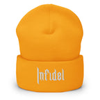 Gold, beanie, with embroidered OG INFIDEL mark, front view