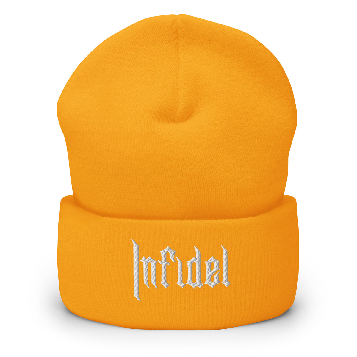Gold, beanie, with embroidered OG INFIDEL mark, front view