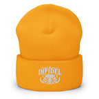 Gold beanie with embroidered INFIDEL War Pig design, front view