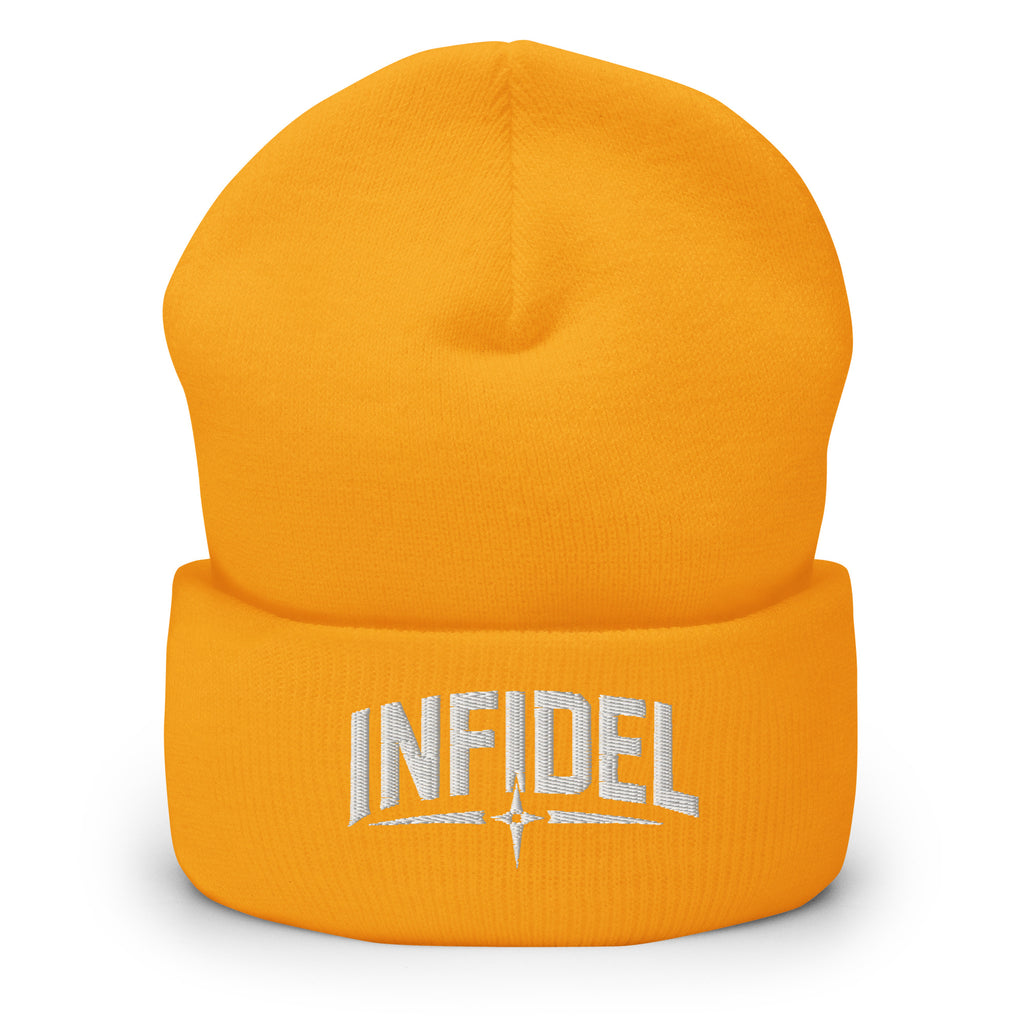 Gold beanie with embroidered Infidel Spike design, front view