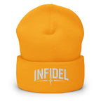 Gold beanie with embroidered Infidel Spike design, front view