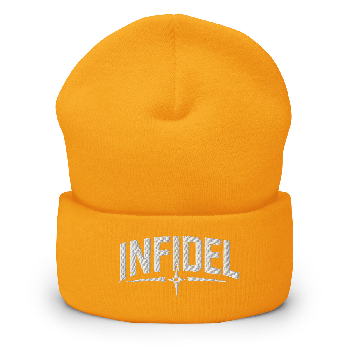 Gold beanie with embroidered Infidel Spike design, front view