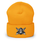 Gold beanie with embroidered Only Fear Infidel reaper design, front view