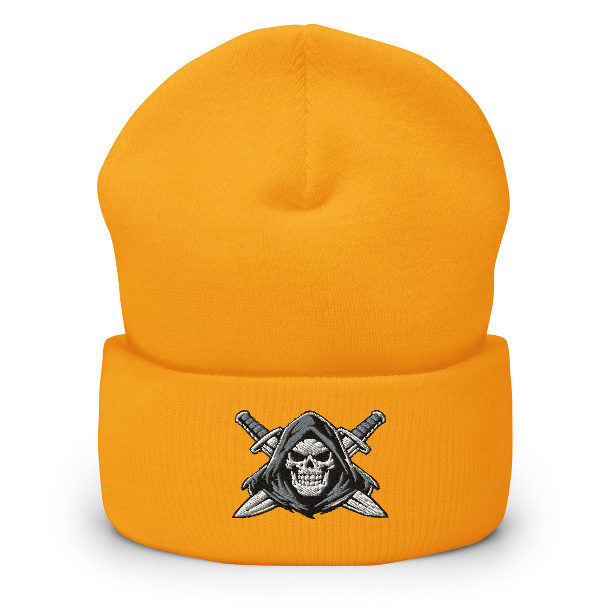 Gold beanie with embroidered Only Fear Infidel reaper design, front view
