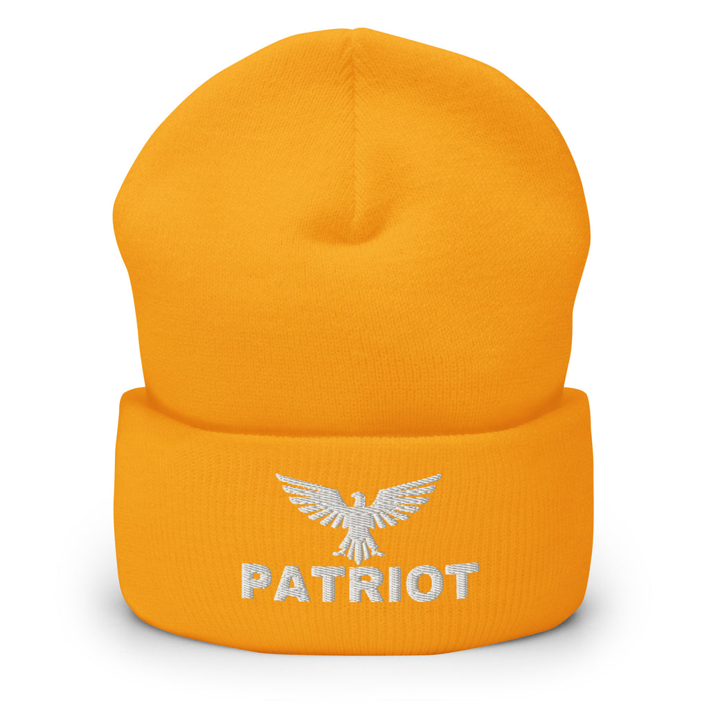 Gold beanie with embroidered Patriot Eagle design, front view