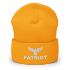 Gold beanie with embroidered Patriot Eagle design, front view