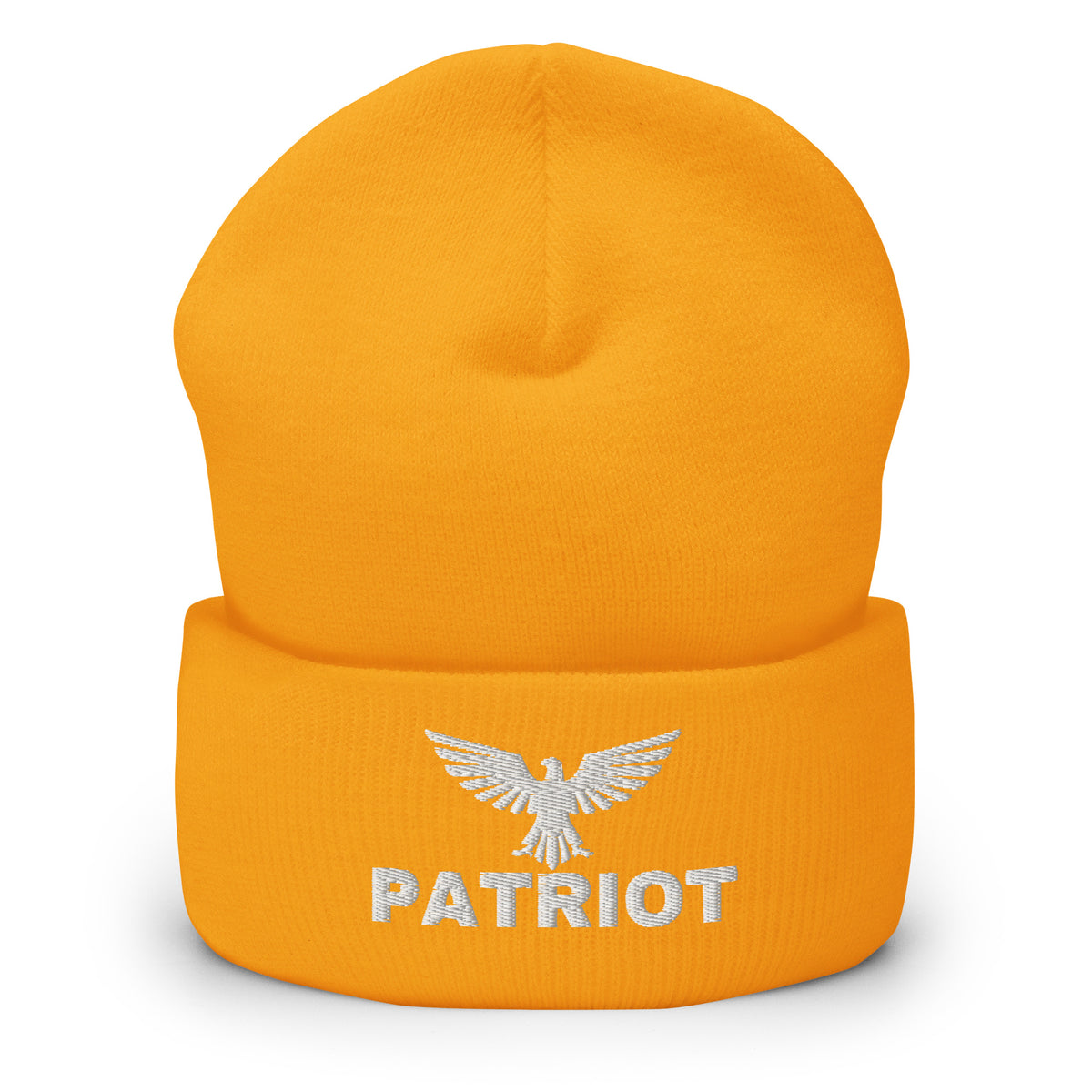 Gold beanie with embroidered Patriot Eagle design, front view