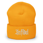 Gold beanie with embroidered Infidel Script design, front view