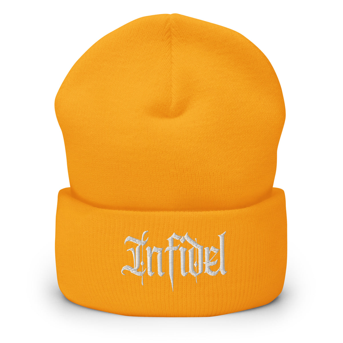 Gold beanie with embroidered Infidel Script design, front view