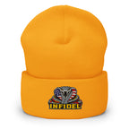 Gold cuffed knit beanie with embroidered INFIDEL USA Flag Cobra front design, front view