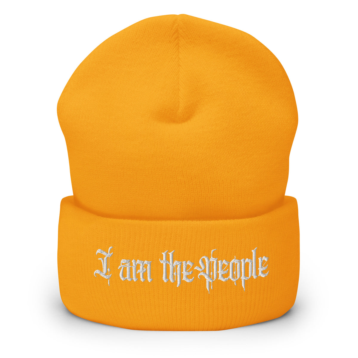 Gold cuffed knit beanie with embroidered I Am the People front design, front view