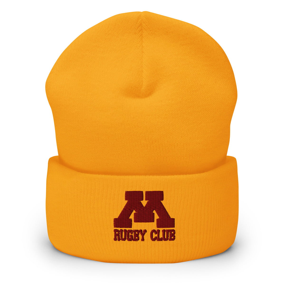 M Rugby Club gold cuffed beanie, front view.
