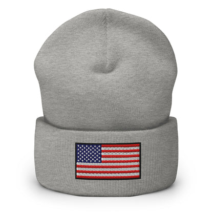 Patriotic Cuffed Beanie with the USA Flag (Old Glory) embroidered into the cuff of the beanie - available in 12 different colors - shown here in silver.