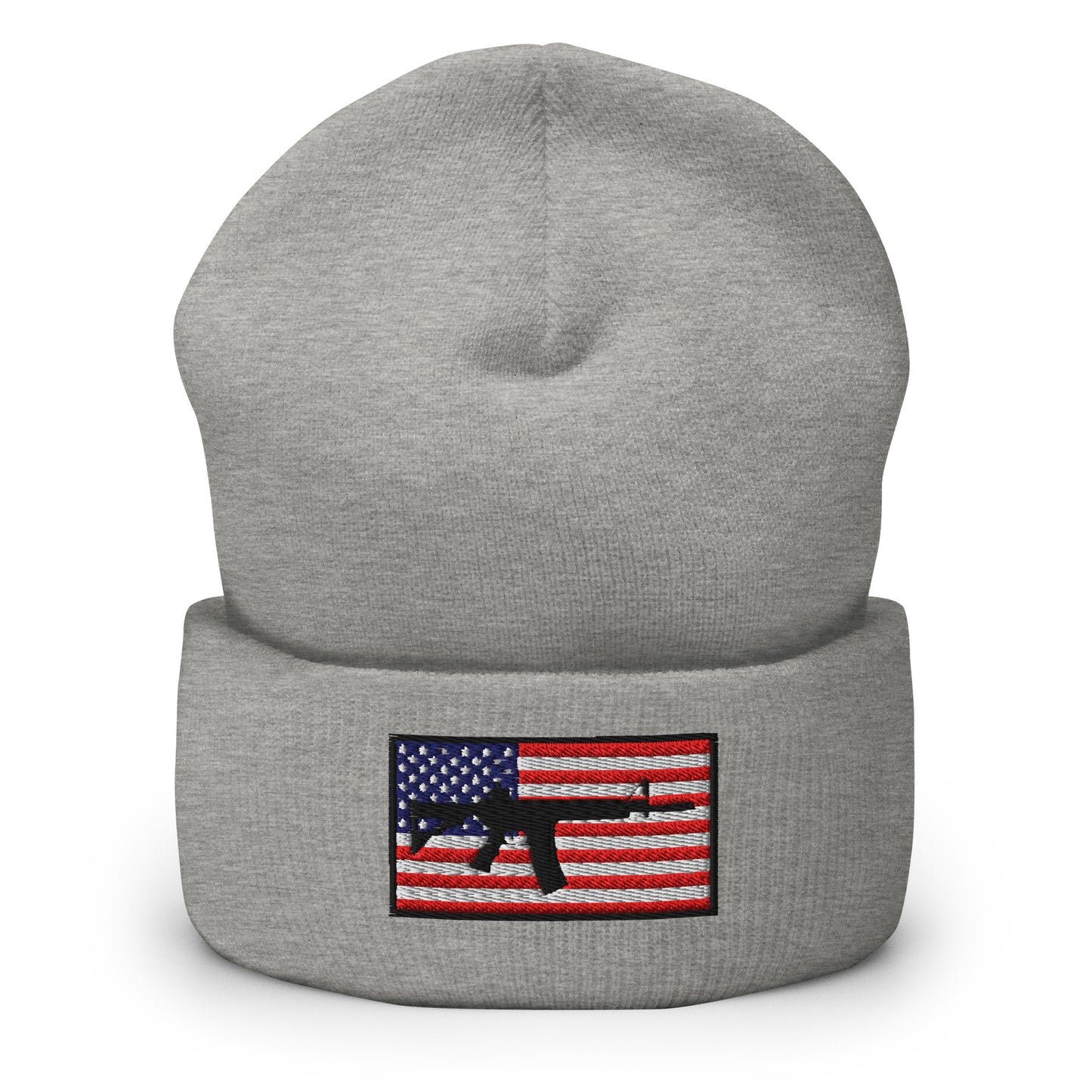 Patriotic AR-15 overlay on the USA Flag (Old Glory), embroidered on a Cuffed Beanie - available in 12 colors, shown here in silver.