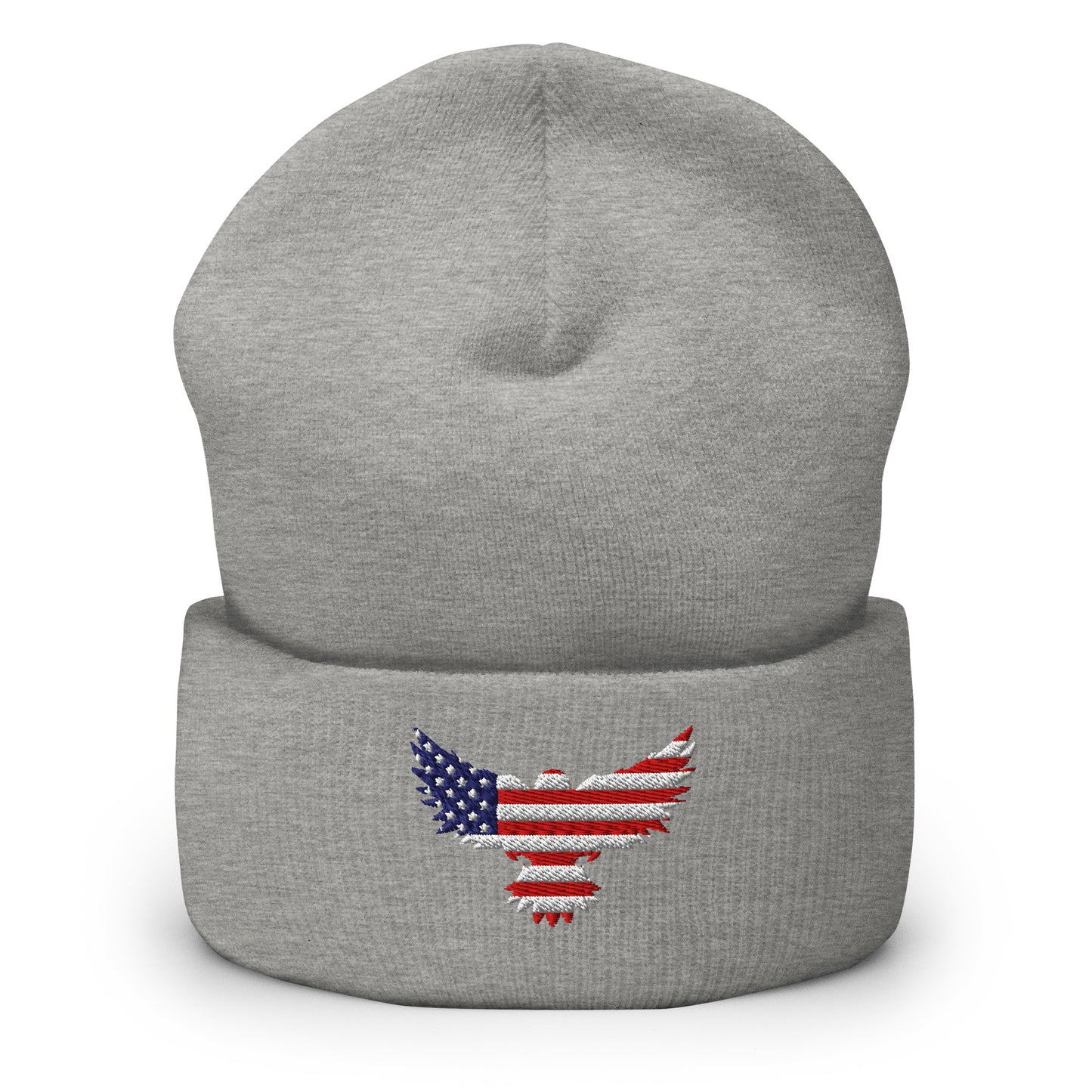 Patriotic Cuffed Beanie with USA Flag (Old Glory) Eagle embroidered into the cuff of the beanie - available in 12 different colors - shown here in silver.