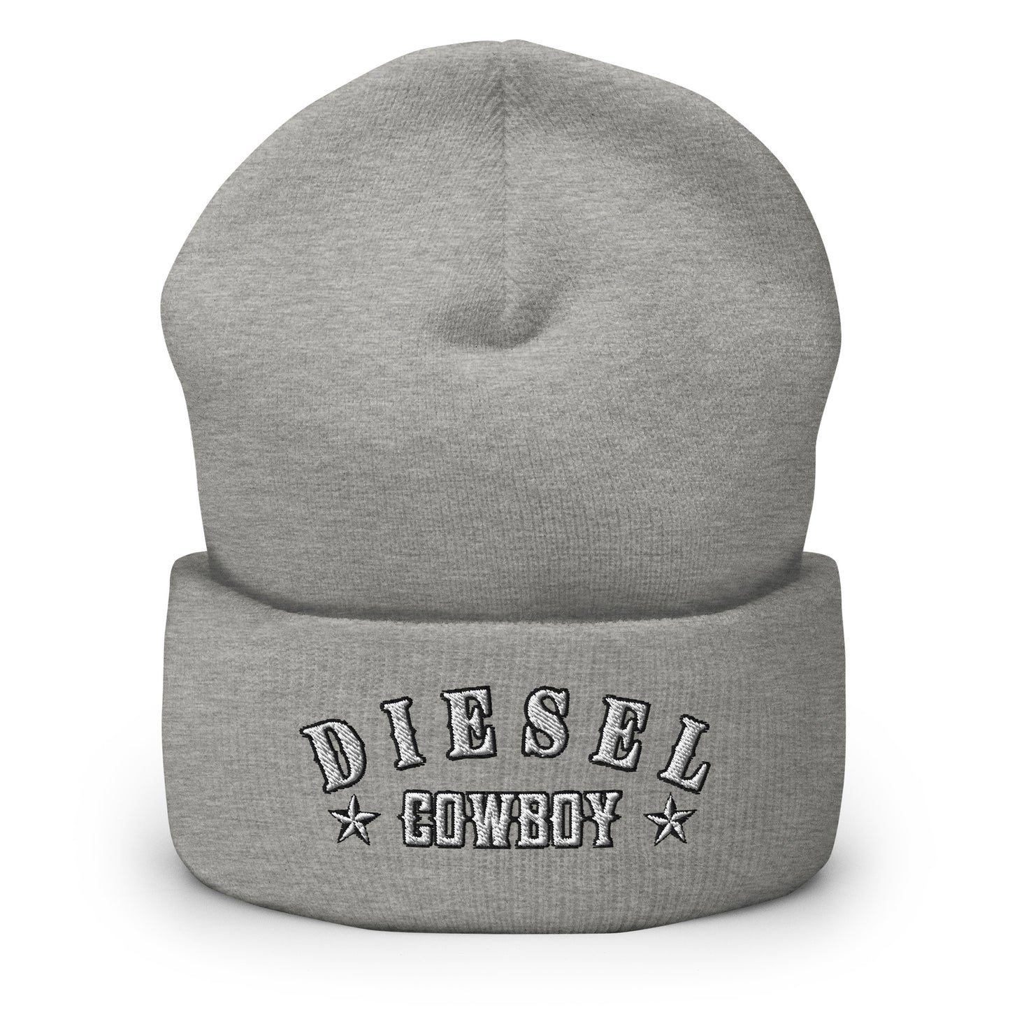 "Diesel Cowboy" embroidered into this cuffed beanie hat by Infidel Collective, available in 12 colors, shown here in silver.