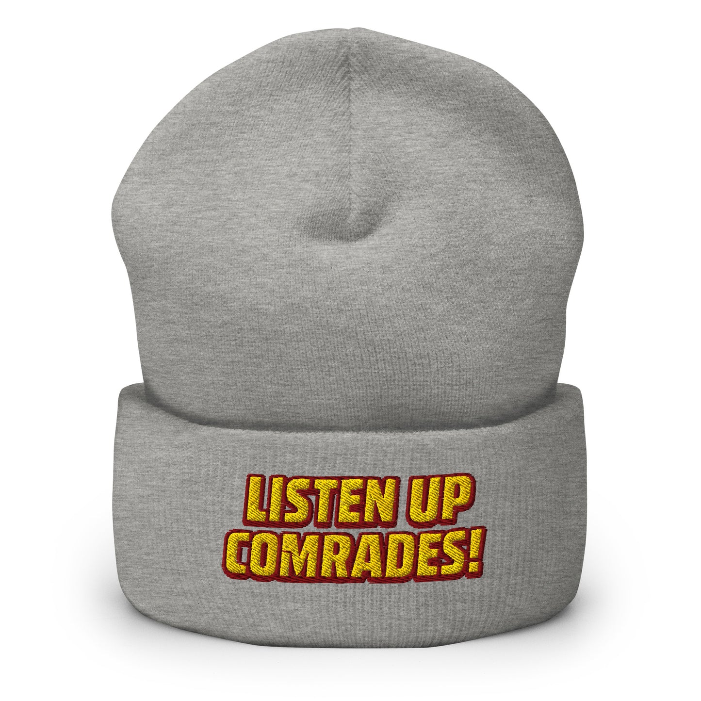 Gray beanie with 'Listen Up Comrades!' text on a white background