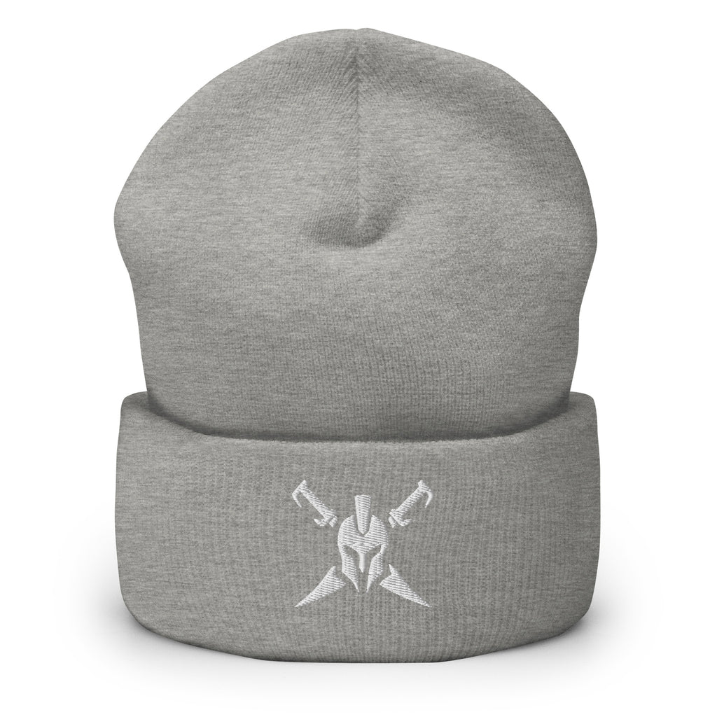 Heather Grey, beanie, with embroidered Call to Arms, front view
