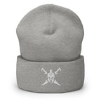 Heather Grey, beanie, with embroidered Call to Arms, front view