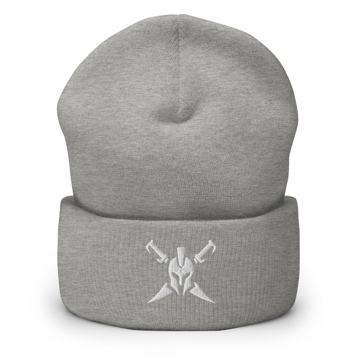 Heather Grey, beanie, with embroidered Call to Arms, front view