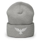 Heather Grey, beanie, with embroidered patriotic eagle crest, front view