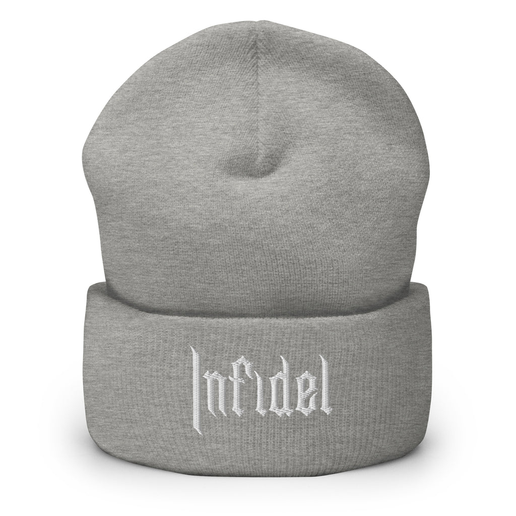 Heather Grey, beanie, with embroidered OG INFIDEL mark, front view