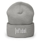 Heather Grey, beanie, with embroidered OG INFIDEL mark, front view