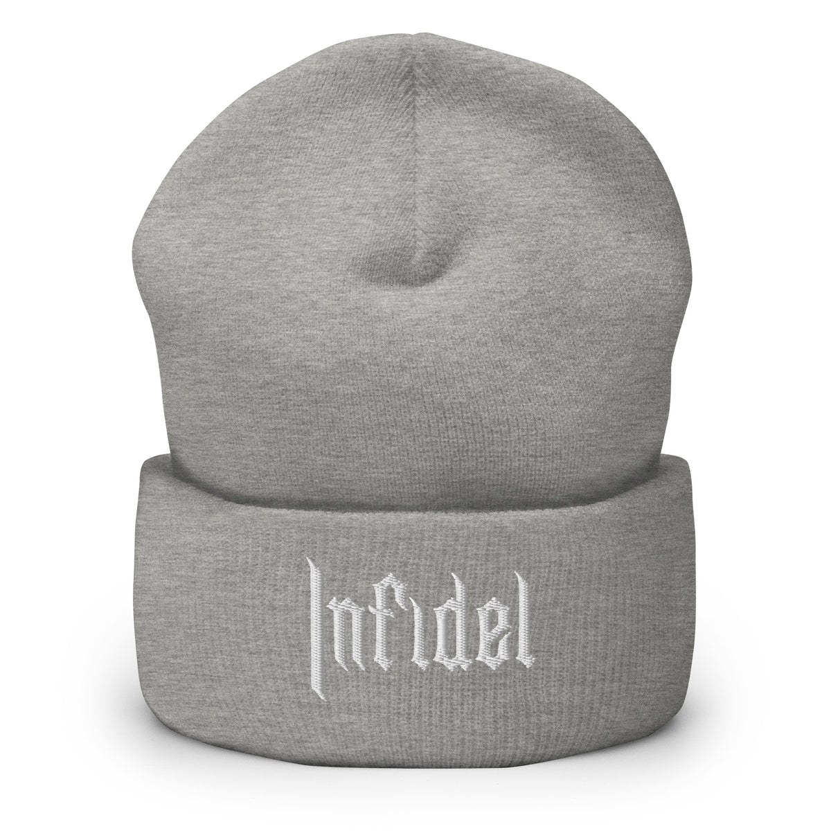 Heather Grey, beanie, with embroidered OG INFIDEL mark, front view