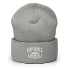Heather Grey beanie with embroidered INFIDEL War Pig design, front view