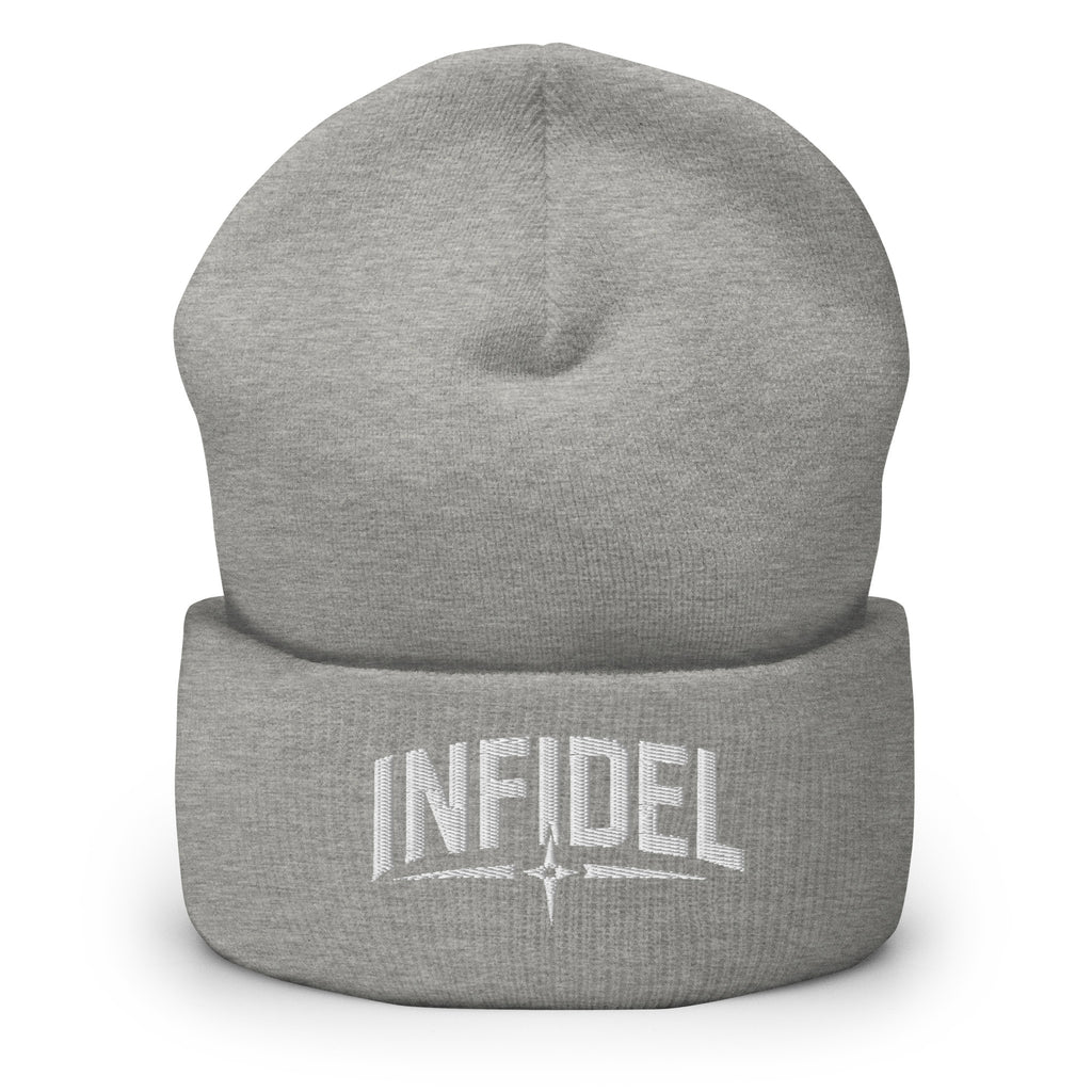 Heather Grey beanie with embroidered Infidel Spike design, front view