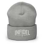 Heather Grey beanie with embroidered Infidel Spike design, front view