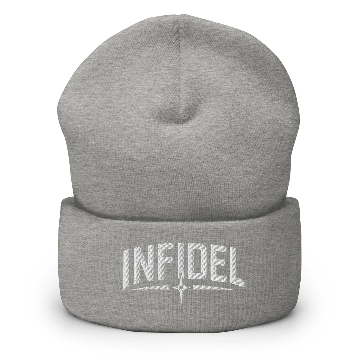Heather Grey beanie with embroidered Infidel Spike design, front view